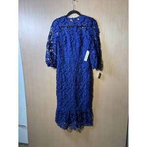 Shoshanna $510 Judith Navy Blue Eyelet Lace Appliqué Floral Lace Midi Balloon